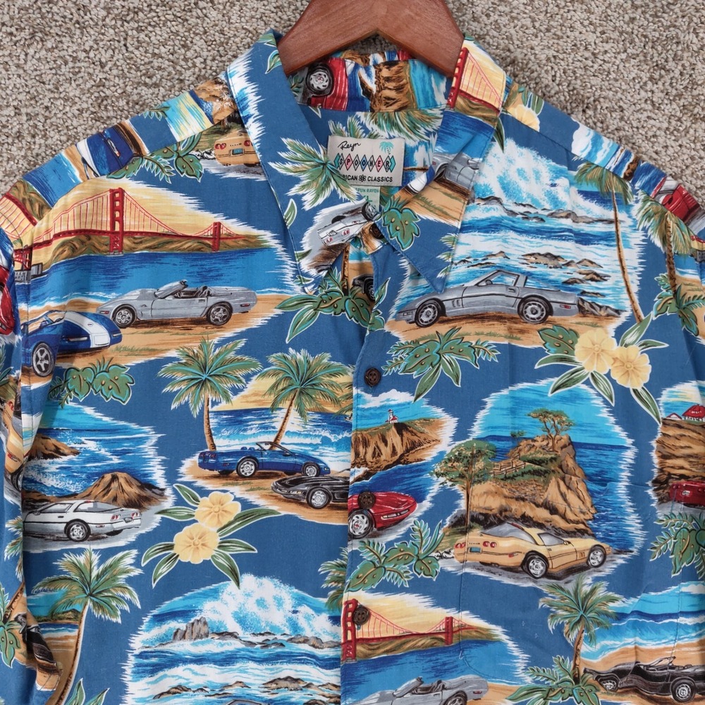 Reyn Spooner Hawaiian Shirt Mens XXL 2XL Floral Cars Palm Trees Button